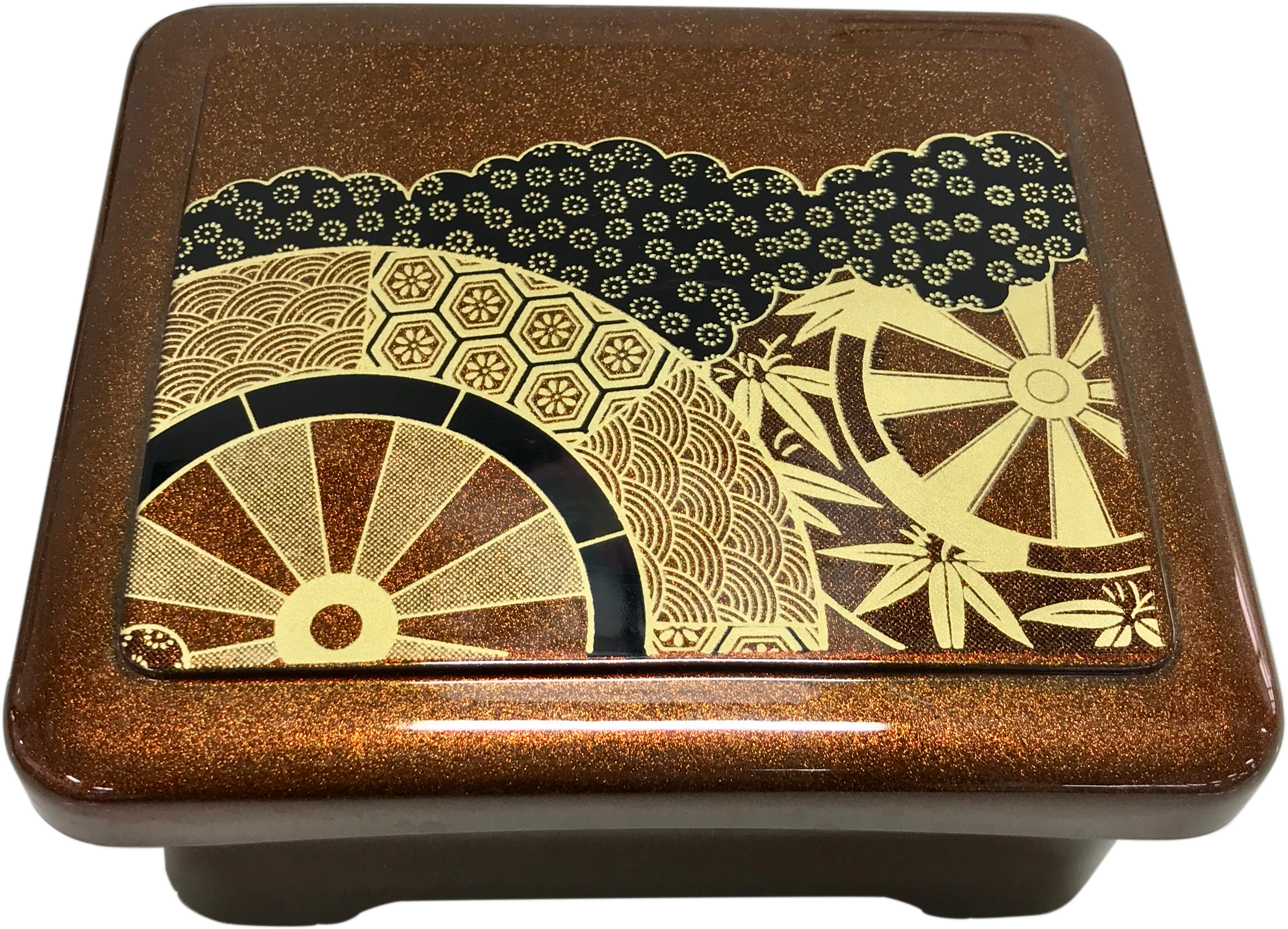 Japanese Gold Colored 5 Compartments Two Piece Bento Box Lacquered Plastic  Serving or Display Platter Tray 11.75 by 9.5