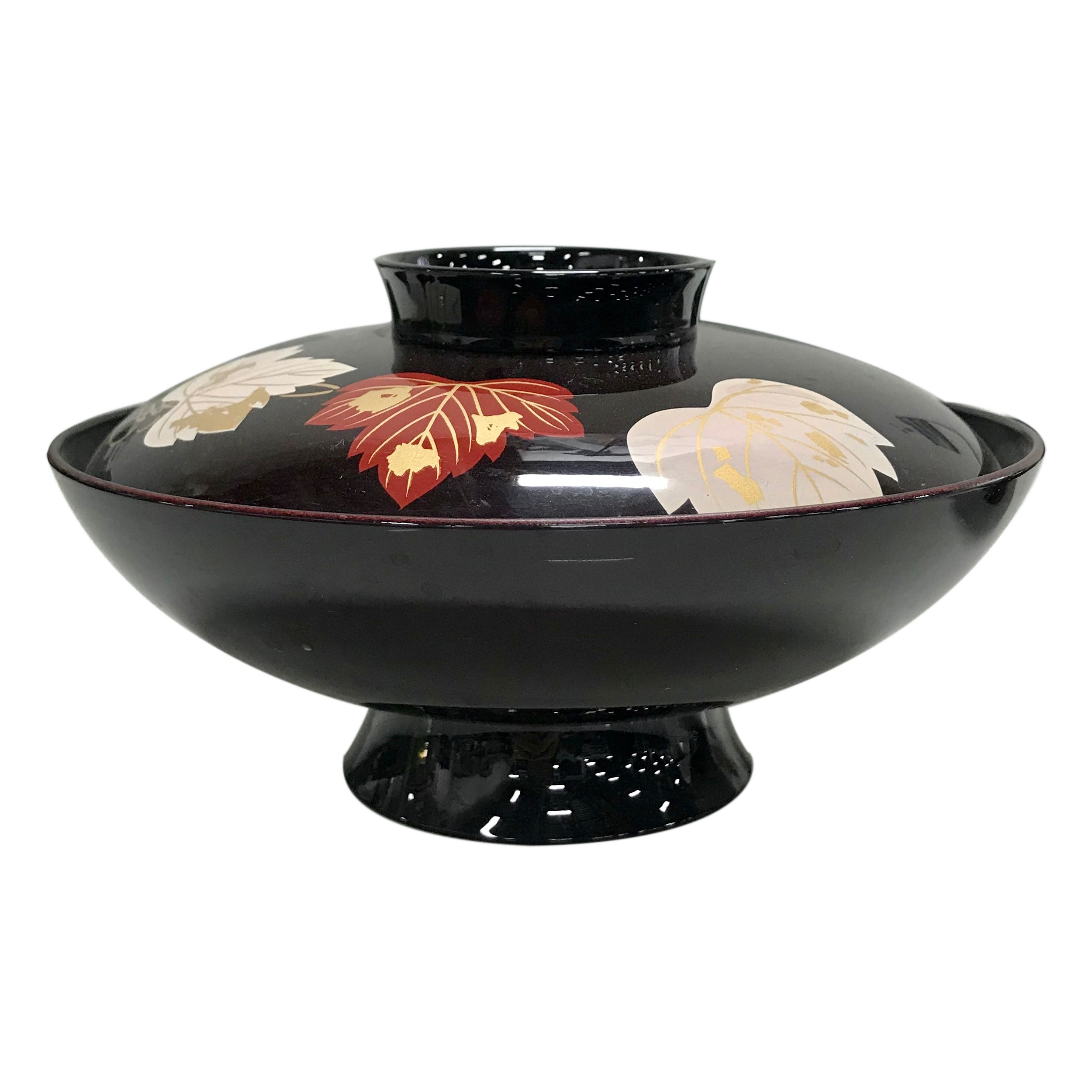 Lacquered Soup Bowl w/Lid Burgundy Vine ABS